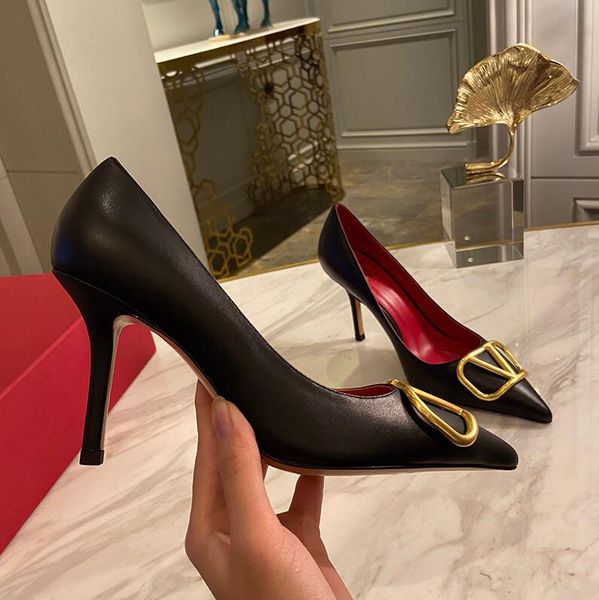 

women high heel shoes v brand sandals metal v-buckle 6cm 8cm 10cm thin heels pointed genuine leather wedding shoes with box and dust bag 34-, Black