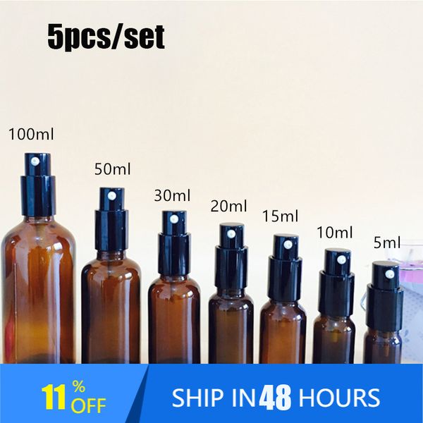 

5pcs/set refillable press pump glass spray bottle oils liquid container cosmetic perfume bottle atomizer for travel 5ml/10ml/15ml/ 20ml/30ml