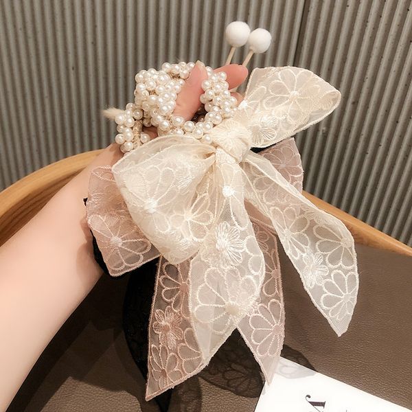 

lace bow streamer scrunchie pony tails holder mesh embroidered headband headstring fashion style ponytail tie br084, Golden;silver