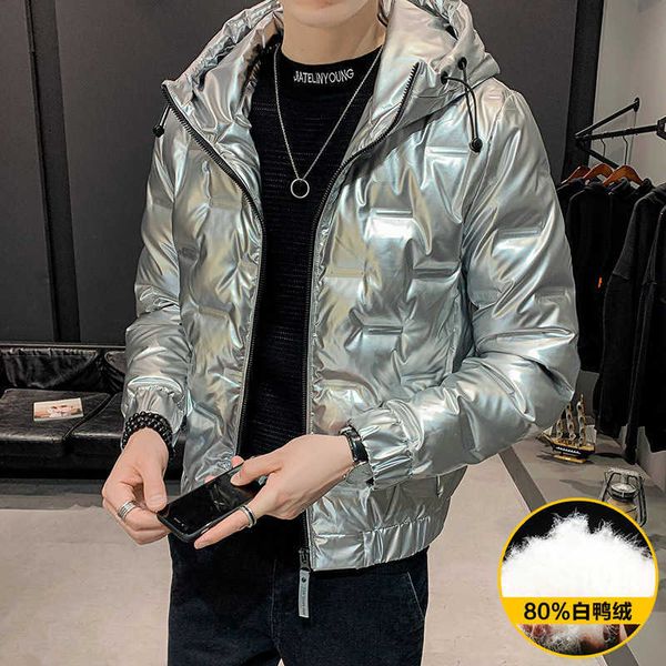 

winter wear shiny short hooded down jacket for young men solid color, Black