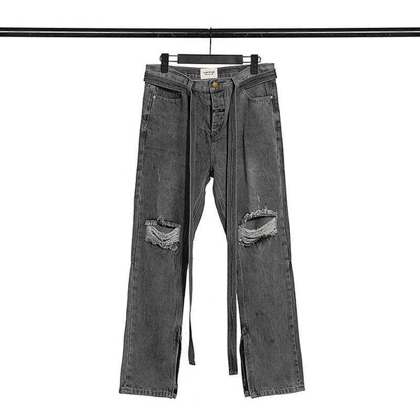 

fashion men's fog pants jeans high street brand ribbon zipper men hip hop trousers justi biber ripped slim fit designer luxury, Blue
