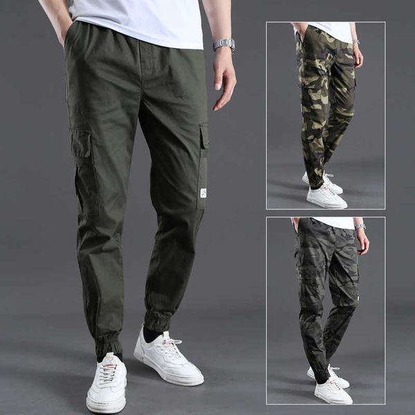 

camouflage pants leg bound working pants men's spring and autumn overalls fashionable men's slim fit and small foot casual pants, Black