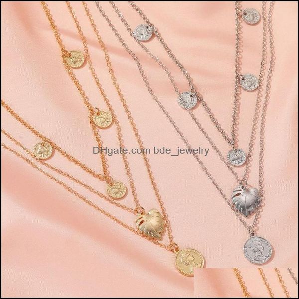

chains vintage metal leaf three layered chokers necklace for women ladies gold alloy coin wafer pendant necklaces retro jewelry chai dh8cx, Silver