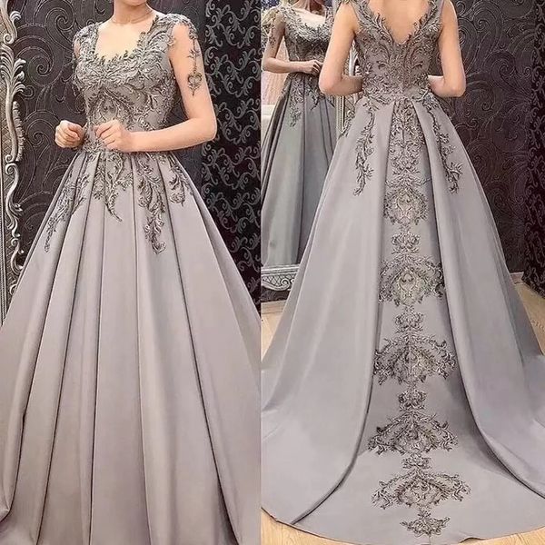 

gray a-line evening dresses women formal party night robe de soiree elegant appliques transparent long sleeves prom dress, Black
