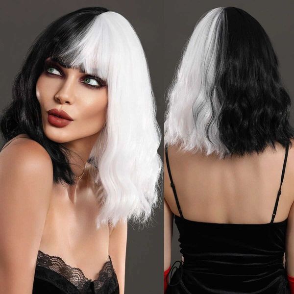 

hair lace wigs black and white double color chemical fiber women's short curly hair with bangs mechanism head cover cos wig