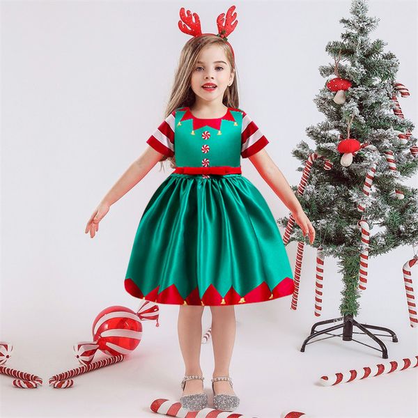 

16036 christmas dress for girl cartoon print princess dress children bowknot party casual dresses, Red;yellow