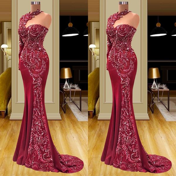 

dark red prom dresses one long sleeve halter appliques sequins beaded evening dresses lace floor length evening dresses gowns plus size cust, Black