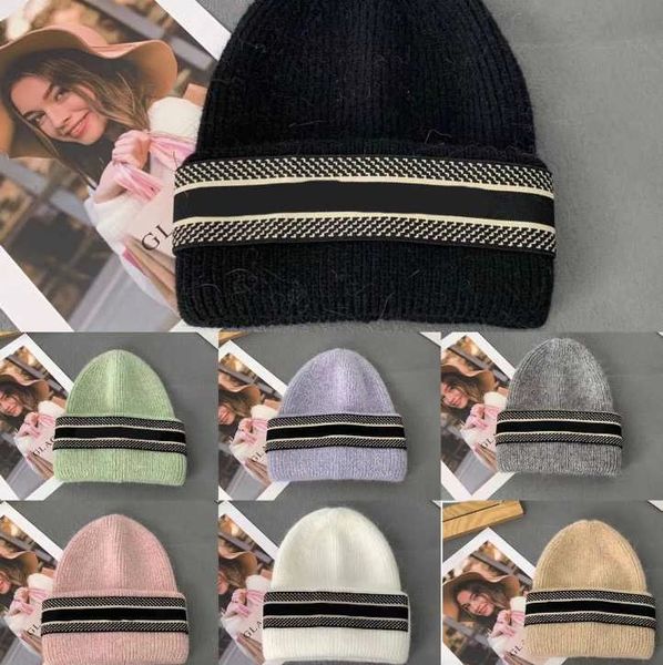 

designer solid color cap rabbit hair hat knit brand letter beanie winter snow soft comfortable skull bean hat men women knitted outdoor warm, Blue;gray