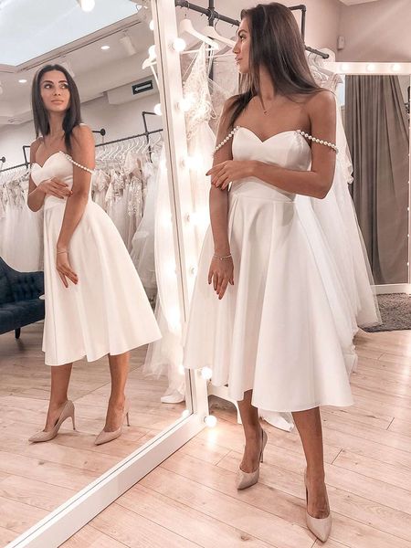 

short satin wedding dresses a-line off the shoulder pearls ruched corset wedding dress tea length robe de mariee formal, White
