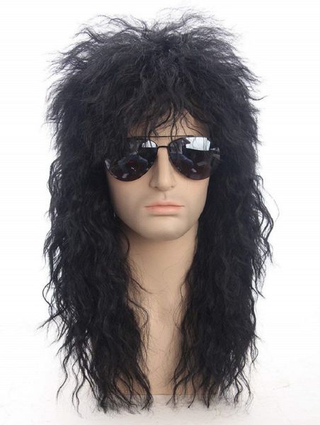 

80s 70s punk heavy metal long curly wig black rocker costume for men
