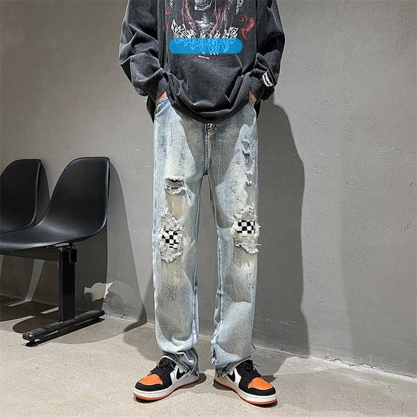 

pants men's fog jeans fashion broken wash plaid casual denim justi biber ripped hip hop slim fit designer luxury elastic y2k, Blue