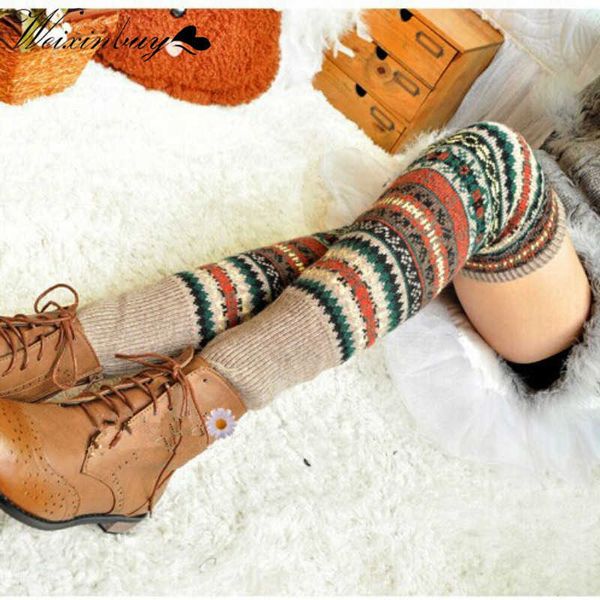 

socks hosiery 2021 new winter over knee long knit cover crochet women leg warmers legging warm striped christmas pierna mujer thigh legwarme, Black;white