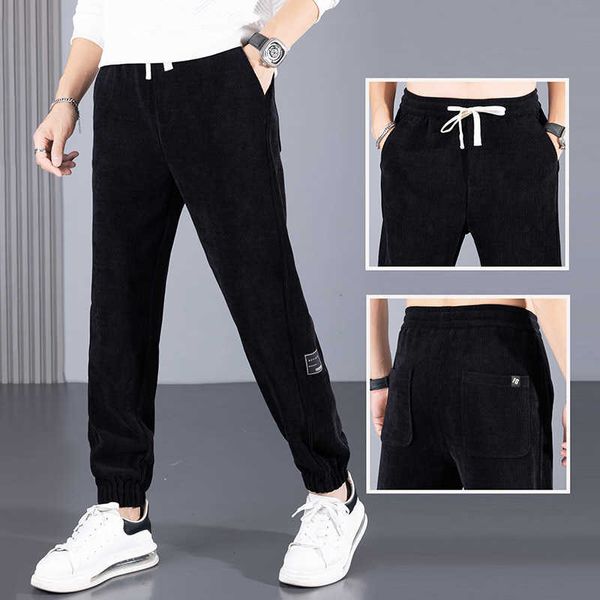 

autumn and winter new men's casual pants korean fashion versatile mid rise small feet pants youth fashion men's thickened pants, Black
