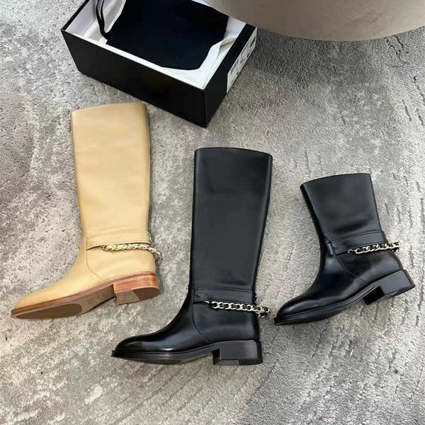 

boots knee length for women in the autumn and winter of 2022 new small fragrant chain thick cavalry boots high tube medium heel, Black