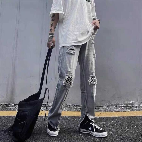 

fog jeans fashion pants men's checkerboard patch men loose straight zipper high street holes washed trousers justi biber ripped hip hop, Blue