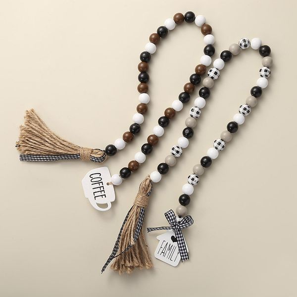 

home decor black and white checkered wood bead hemp rope tassel string household soft curtain wall hanging handicraft ornaments with letters