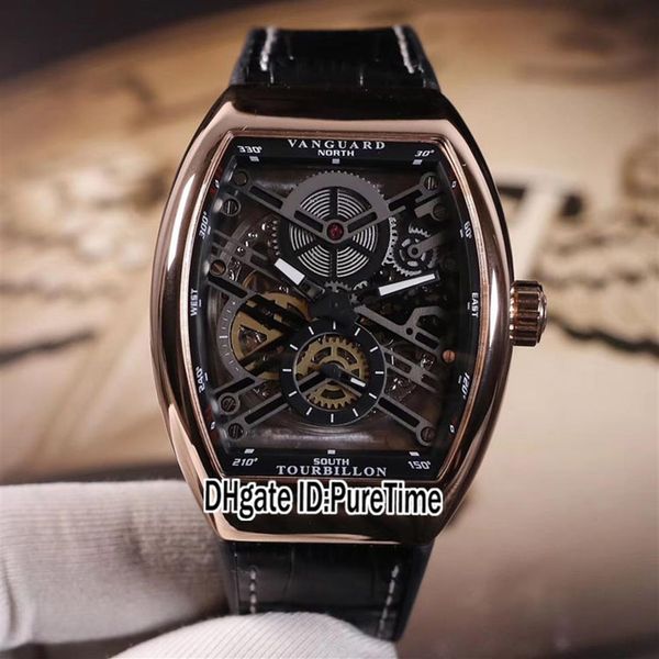 

new collection vanguard v45 rose gold black inner skeleton dial tourbillon automatic mens watch black rubber leather watches puret252b, Slivery;brown
