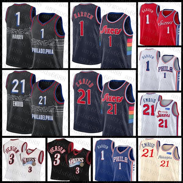 

philadelphias 76er mens james 1 harden basketball jersey joel 21 embiid allen 3 iverson s-2xl julius 6 erving beige, Black;red
