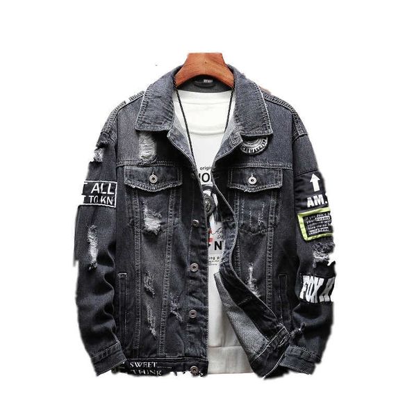 

men's hoodies & sweatshirts fleece 2 colours harajuku patchwork frayed rock vintage black blue denim jacket men punk sudadera hole stre