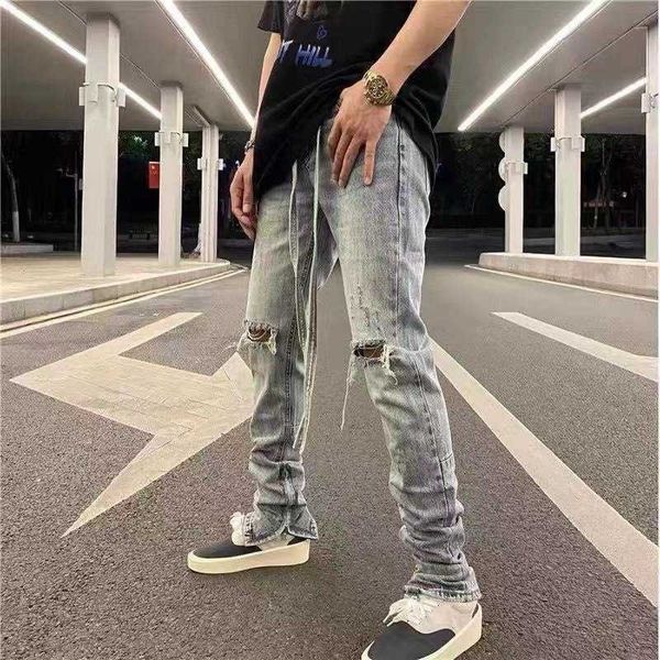 

pants jeans fashion men's fog high street zipper washed brand rope slim justi biber ripped hip hop fit designer luxury, Blue