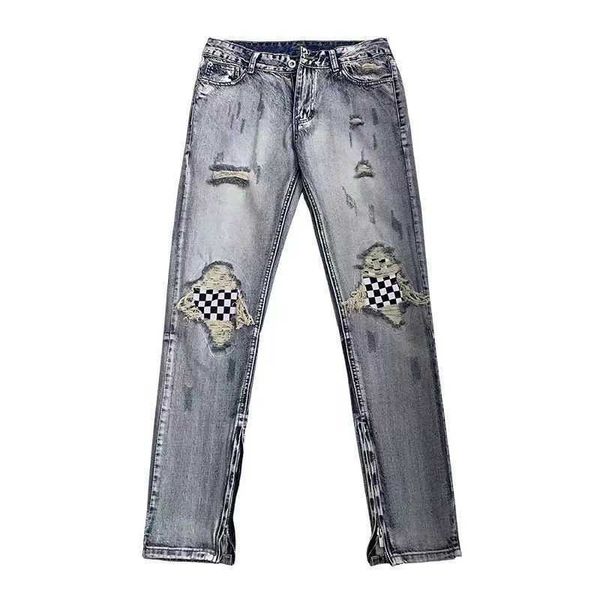 

fog jeans fashion pants men's hiphop washed worn zippered men patch ruffian handsome high street ins justi biber ripped hip hop slim fi, Blue