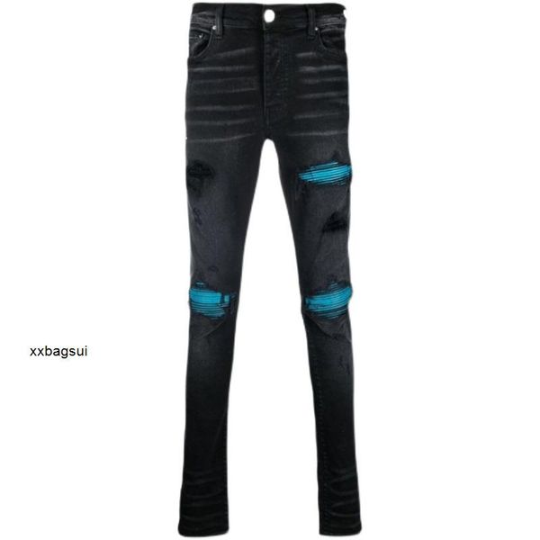 

designer jeans representative amirs european and american spring and summer new patchwork worn hole jeans men's high street slp slim fi, Blue