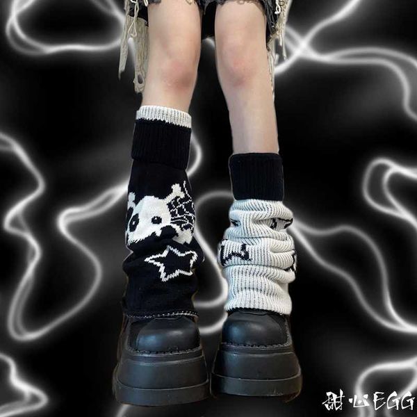 

socks hosiery mikumn harajuku y2k star skull black white knitted two-side wear leg warmers socks punk girls chic streetwear leg cover t22111