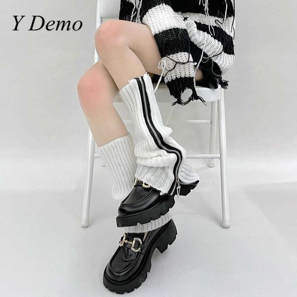 

socks hosiery y demo harajuku elastic zipper leg warmers sock cover women grunge knitted pile stockings female t221107, Black;white