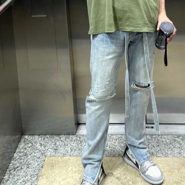 

pants men's fog jeans fashion line drawstring hole long ribbon zipper high street denim justi biber ripped hip hop slim fit designer we, Blue