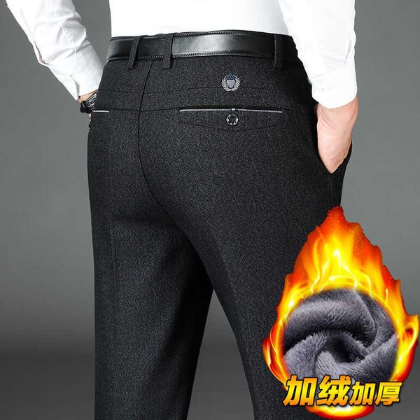 

winter plush business trousers men's loose straight tube men's middle-aged father's work casual pants cotton fashion, Black