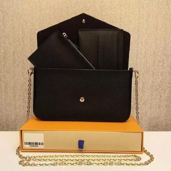 

2022 Top Quality 3 piece set women shoulder bags Genuine Leather handbags purses designers crossbody bag luxury lady tote wallet Coin Purse with Orange Box Card, Black embossing