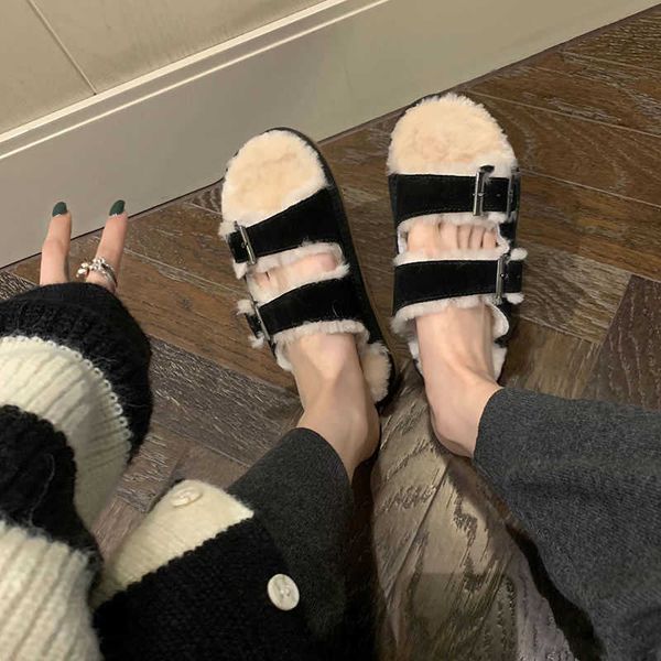 

slippers achigo net red wool slippers of the same style new 2022 black thick soled baken shoes women's winter plush outer wear