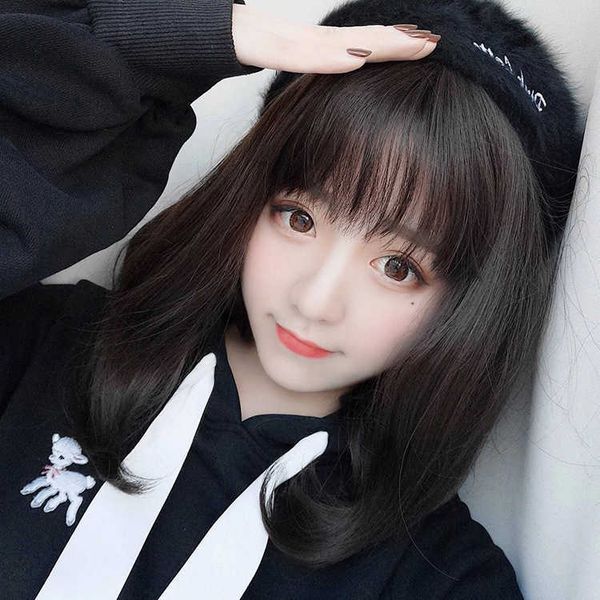 

hair lace wigs japane and wig qi bangs medium long straight korean clavicle hair chemical fiber headgear female net red recommendation, Black