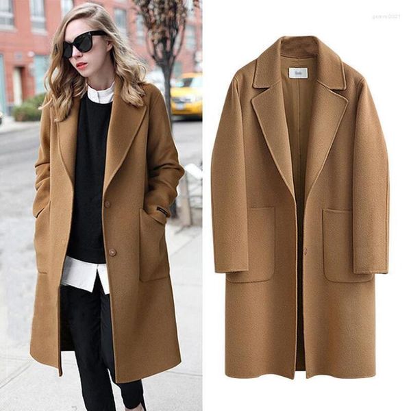 

women's wool designer women loose woolen trench coat street wear, Black