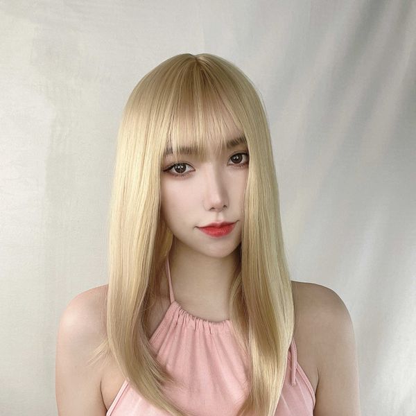 

hair lace wigs wig female air bangs brown medium long straight hair gentle temperament shaving chemical fiber head cover, Black