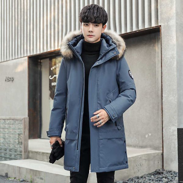 

high end down jacket men's medium length 2022 winter warm casual fashion men big fur collar coat, Black