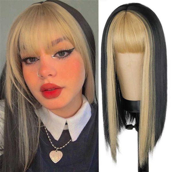 

hair lace wigs jenny's same blonde bangs dyed women's long straight hair chemical fiber head recommended wig cover, Black