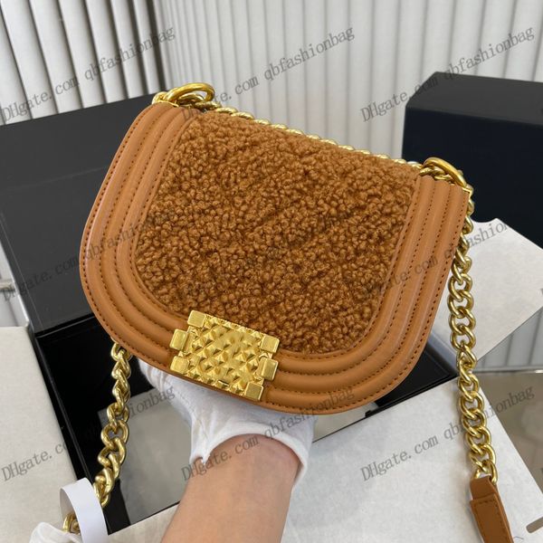 

women f/w lamb wool girls boy totes bags quilted real leather aged vintage gold metal chain crossbody shoulder purse french designer luxury