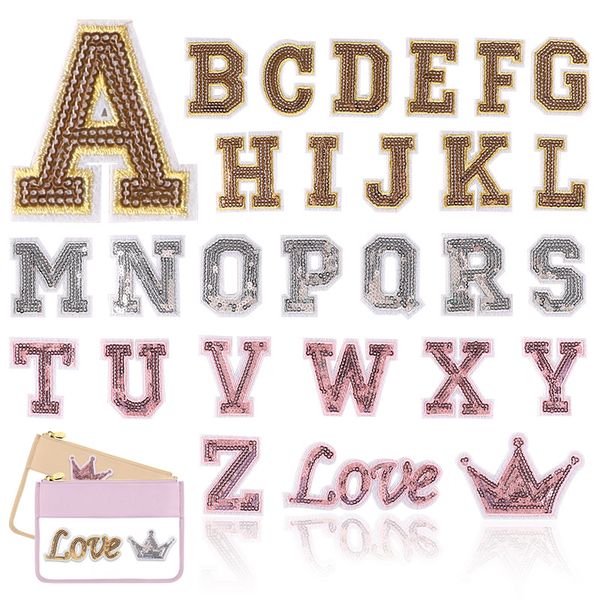 

notions 5.1cm letter sequin iron on patch a to z alphabet patches appliques golden crown design patch with glitter ix sticker for clothes ha, Black