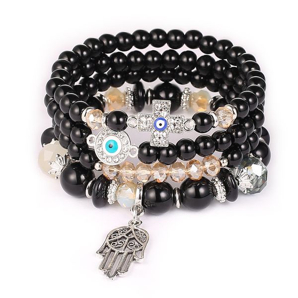 

cross evil eye charms bracelets fashion design fatima hamsa hand bracelet bangle for women multilayer braided handmade men beads pulseras je, Golden;silver