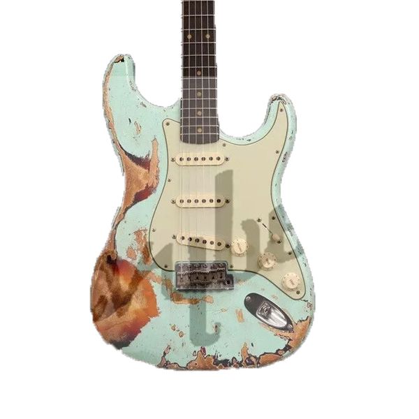 

electric guitar sea blue relic bottom burst color effect parts old aged guitar