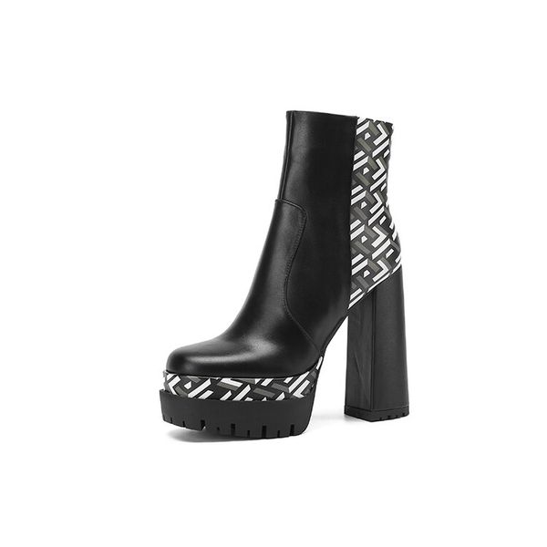 

winter knee short boots women designer round toe block high heel shoes patent leather suede leatherparty wedding fashion luxury platform lad, Black