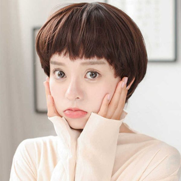 

hair lace wigs wig female straight mushroom qi bangs round face lovely short hair chemical fiber head cover, Black