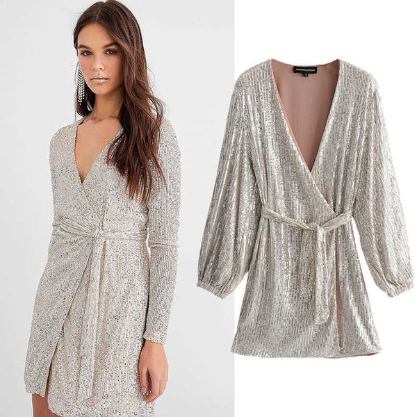 

spring sequin v-neck long sleeve bandage dress short skirt, Black;gray