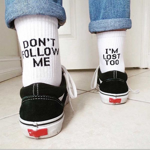 

socks hosiery 2021 black white cotton socks ab side don't follow me i' lost too creative women men casual socks daily t221102