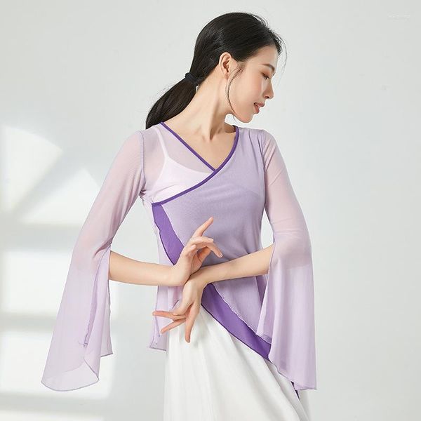 

stage wear mesh semi transparent v neck split belly dance blouse flare sleeves for dancing clothing, Black;red