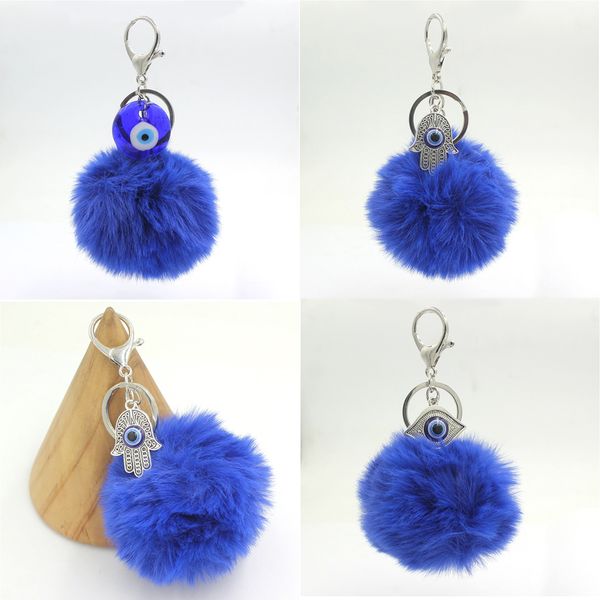 

wholesale lucky cremaic evil eye hamsa hand key rings keychain soft pom pom handbag charms accessories purse keychains jewelry gift, Slivery;golden