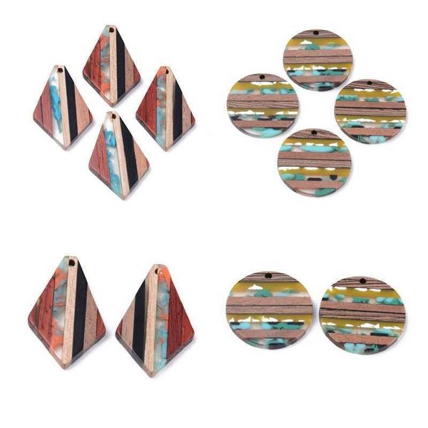 

20pcs colorful resin wood pendants geometric rhombus round charm for necklace earring dangles diy jewelry making supplies, Bronze;silver