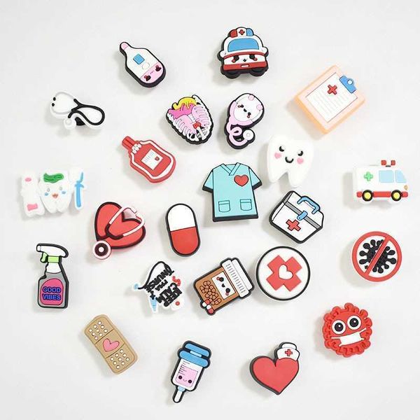 

30-200pcs medical treatment charms cartoon ambulance mask heart lung creative diy shoe buckle accessories decor for croc, Blue;slivery