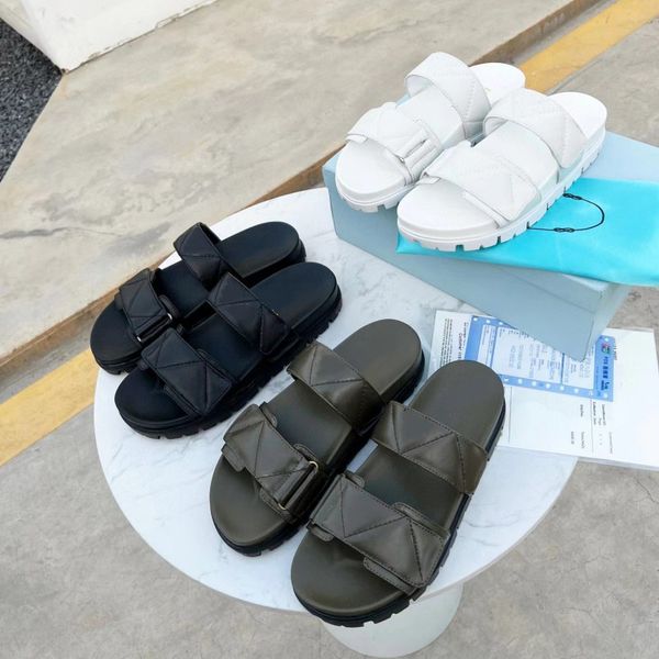 

slippers new designer luxury women slides brand leather women sandales summer two straps hoop&loop beach shoes fashion letter triangle logo, Black